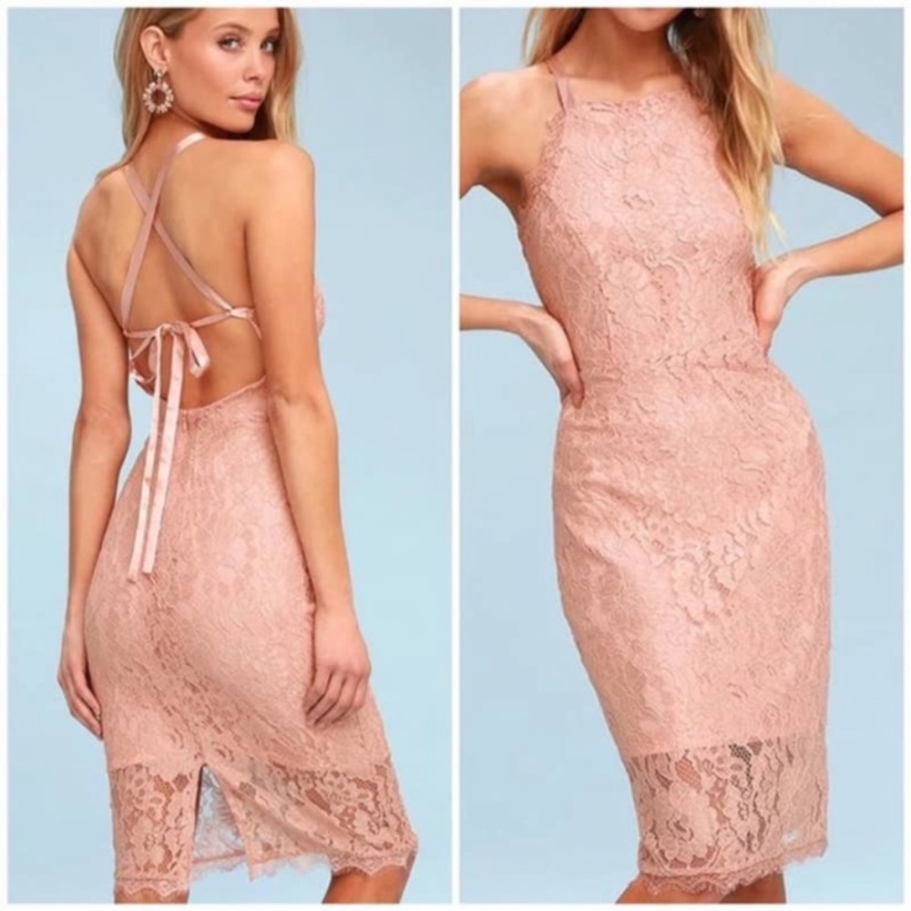 blush pink lace bodycon midi dress